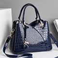 Blue crocodile pattern PU leather tote bag with glossy finish and cherry charm detail - Dark Blue