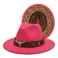 Detail of rose pink wool fedora with cattle head leather band and leopard print brim - M (56-58cm) / Rose Red