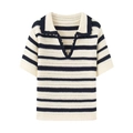 Ivory and navy striped knit polo shirt with retro hollow crochet texture and V-neckline - S / Striped