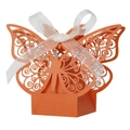 Detail of orange laser-cut butterfly gift box with white ribbon bow for weddings - Orange Red with Ivory Ribbon