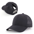 Detail view of quick-dry ponytail baseball cap with laser-cut breathability holes - Adjustable / Black