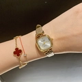 Minimalist square gold quartz watch for women with stylish beige genuine leather strap - Grey Leather Gold Case
