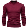 Detailed view of burgundy knit texture and ribbed collar on men's turtleneck sweater - Mock Neck Wine Red