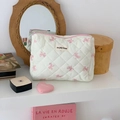 Weiße gesteppte Kosmetiktasche mit rosa Schleifenmuster und sicherem Reißverschluss - Koreanischer Stil Schleife Rosa