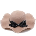 Detail of pink straw sun hat with wavy brim, crochet lace edge and checkered bow ribbon - M(56-58cm) / Pink