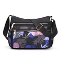 Borsa a tracolla alla moda in nylon nero con stampa floreale e tasche multiple pratiche - Motivo Foglie Blu