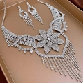 Vista detallada de collar con flor de cristal y pendientes con flecos en bandeja - Conjunto de Collar Plateado (2 piezas)