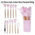 12-piece pink silicone kitchen utensil set with wooden handles and storage bucket - Lightweight Kitchen Utensil Set / Pink