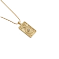 Detail of gold rectangular pendant with embossed compass, bird and angel motifs - 01016GZ-Compass Angel / 50+5CM Snake Bone Chain