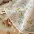 Detailed close-up of a floral cotton linen tablecloth with elegant beige fringes - Blue-green Leaves + Su (counter-pressure) / Diameter 100CM