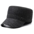 Men's wool flat top army cap in dark grey tweed with metal R detail on a white background - R Badge / Gray