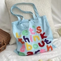 Sky blue canvas tote bag with colorful chenille letter embroidery for women - Light Blue