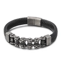 Herren Armband aus schwarzem Ledergeflecht mit silberner Metallkette und Magnetverschluss - 19cm / Mattschwarz