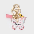 Detail of pink floral butterfly acrylic keychain with Mom Nana message and pink tassel - Nana