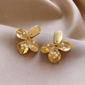 Golden flower earrings with pearls and rhinestones on beige silk background - 48# Pearl Rhinestone Flower (48# S925 Post-Gold)