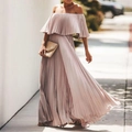 Off-shoulder pleated chiffon maxi dress in light pink with high-waisted flowing silhouette - S / Dresses / Pink