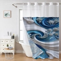 Close-up of shower curtain featuring 3D blue floral abstract pattern and metal grommets - 181x188cm Single Shower Curtain / Blue 3D Swirl (26SYL-3)