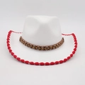 White felt cowboy hat with red braided trim and ethnic beaded band for summer travel - White Red Edge With Brown Wood Beads