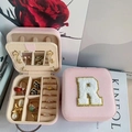 Pink leather jewelry organizer with mirror and white towel embroidered letter R - Letter R / Pink