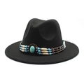 Close-up of black fedora with bohemian turquoise bead band and vintage metal inlay - M (56-58cm) / Black