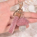 Pink rhinestone mushroom keychain with gold plating and sparkling crystal strap - Pink + White