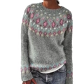 Detail of colorful geometric patterns on grey knit sweater collar and sleeve cuffs - S / Gray