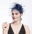 Elegant dark blue fascinator with mesh veil and feathers for formal wedding hair styling - Navy Blue