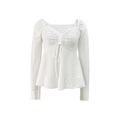 Elegant white eyelet embroidery long sleeve top with drawstring square neck and peplum - S / White