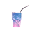 Detail of 3oz mini tumbler featuring vibrant nebula pattern and silver metal straw - Blue Pink Gradient Starry Sky