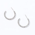 Pair of twisted silver stainless steel hoop earrings with a metallic finish for women - Triple Twisted C-shaped Open Hoop Earrings (MS-024/Steel)