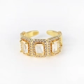 Detail of gold-plated adjustable ring featuring three baguette-cut clear zircon stones - Adjustable Open / Three-Stone Rectangular Row Style(XJZ30)