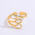 Adjustable golden titanium steel ring featuring three sparkling oval-shaped zircons - Three White Stones Style (JZ23-1)