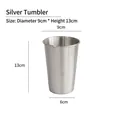 Brushed stainless steel cup in silver finish showing dimensions 9cm by 13cm for office use - Silver Glow Cup