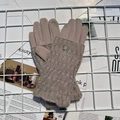 Winter thermal knit gloves in beige grey with decorative flower button and cable knit cuffs - Beige