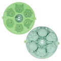 Green round silicone baby food mold with cartoon bear and cat face shapes and lid - 6-Cavity Rice Cake / Sage Green