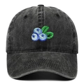Casquette vintage en denim délavé avec broderie détaillée de bleuets sur fond blanc - Réglable / Noir