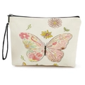 Cream canvas butterfly and daisy print makeup bag with black zipper and wrist strap - Pink Daisy Butterfly Style (xy-070-3) / With Wristlet Strap