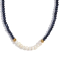 Beaded necklace featuring deep blue faceted crystals and white freshwater pearls - Royal Blue Plated