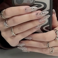 Handmade press-on nails with silver swirl patterns and trendy metallic rings - K014【24pcs】 / Boxed (jelly Gel + Granules)