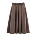 Brown mid-length pleated skirt with a snake-print belt and metal buckle on white background - XS / Dark Brown