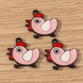 Three cute pink enamel cartoon hen charms with hanging loops on wood background - Pink Hen