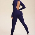 Naadloze nauwsluitende jumpsuit met lange mouwen en open rug in donkerpaars voor fitness - S / Marineblauw