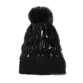 Glossy black knit winter hat with large faux fur pompom and quilted texture design - M (56-58cm) / Black