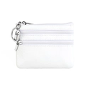 Mini white leather coin purse with three zippers and a silver metal keyring - White