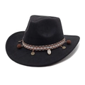 Detail of western wool fedora with bohemian woven band, shells and ethnic charms - M (56-58cm) / Black