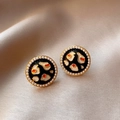 Macro view of vintage round leopard print enamel earrings with faux pearl trim on gold base - 10# Leopard Round Pearl Stud Earrings