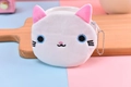 Detailed close-up of white plush cat coin purse with pink ears and cute blue embroidered eyes - Small White Cat