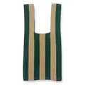Knit tote bag with vertical dark green and beige stripes in a soft ribbed texture - Green Khaki Striped