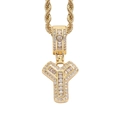 Macro detail of iced-out letter Y pendant with baguette crystals and golden rope chain - Letter Y Gold + 60cm Rope Chain