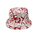 Detail van de witte canvas vissershoed met levendige rode graffiti-print in streetstyle - Wit met rode graffiti (A)